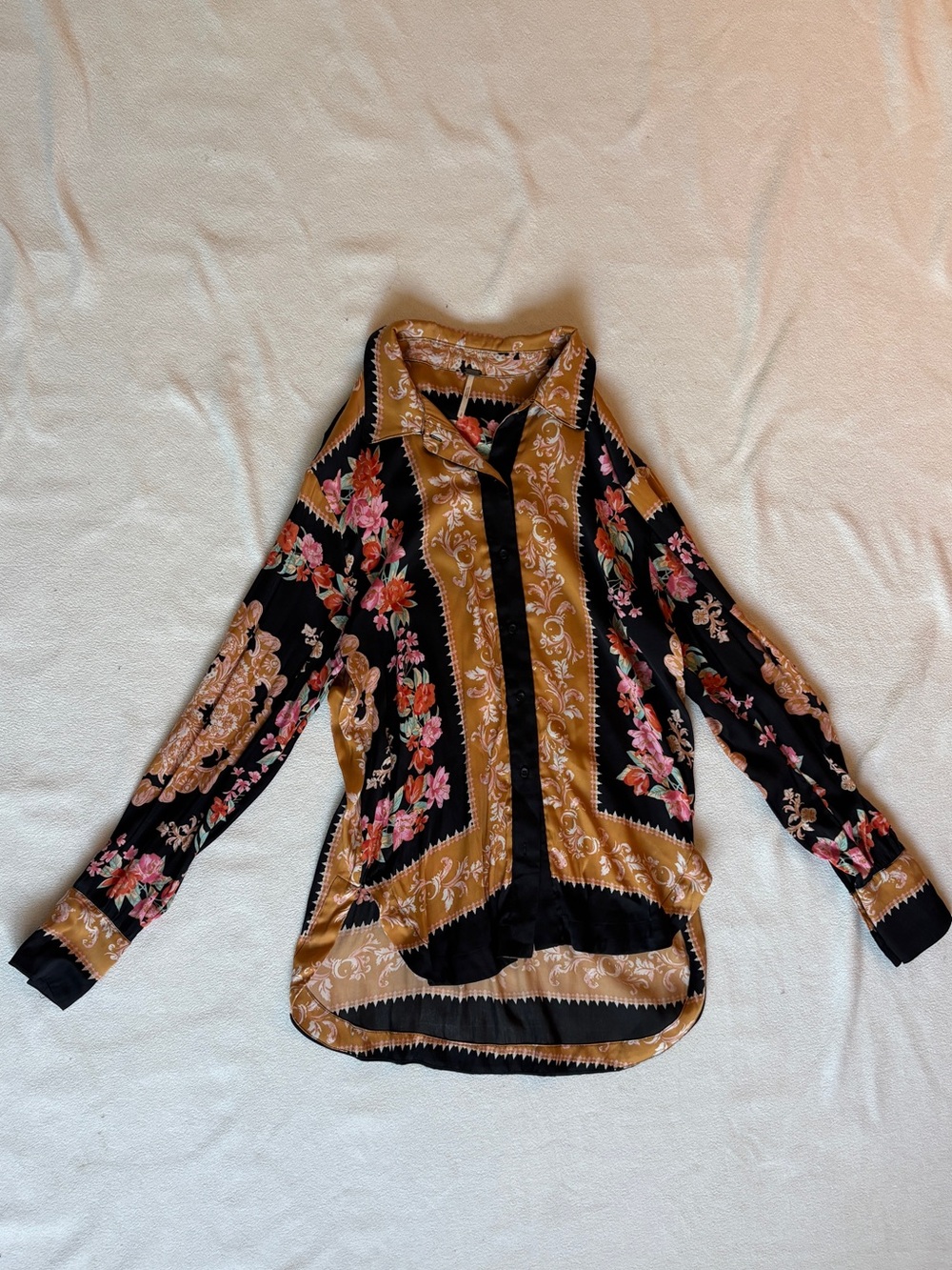 Free People Silky Black and Gold and Pink Floral Button-Up Blouse